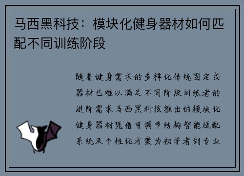 马西黑科技：模块化健身器材如何匹配不同训练阶段
