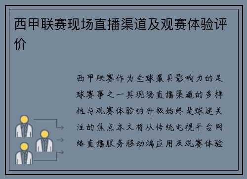 西甲联赛现场直播渠道及观赛体验评价