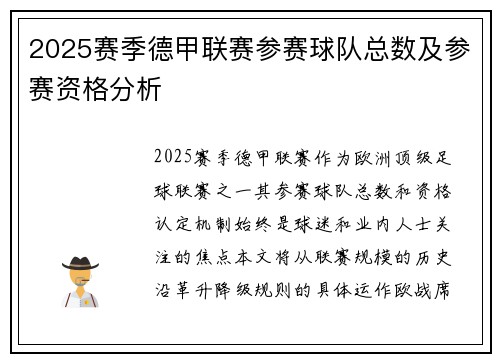 2025赛季德甲联赛参赛球队总数及参赛资格分析